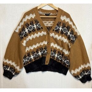 Ann Taylor Brown Tan Black Fair Isle Button Cardigan
